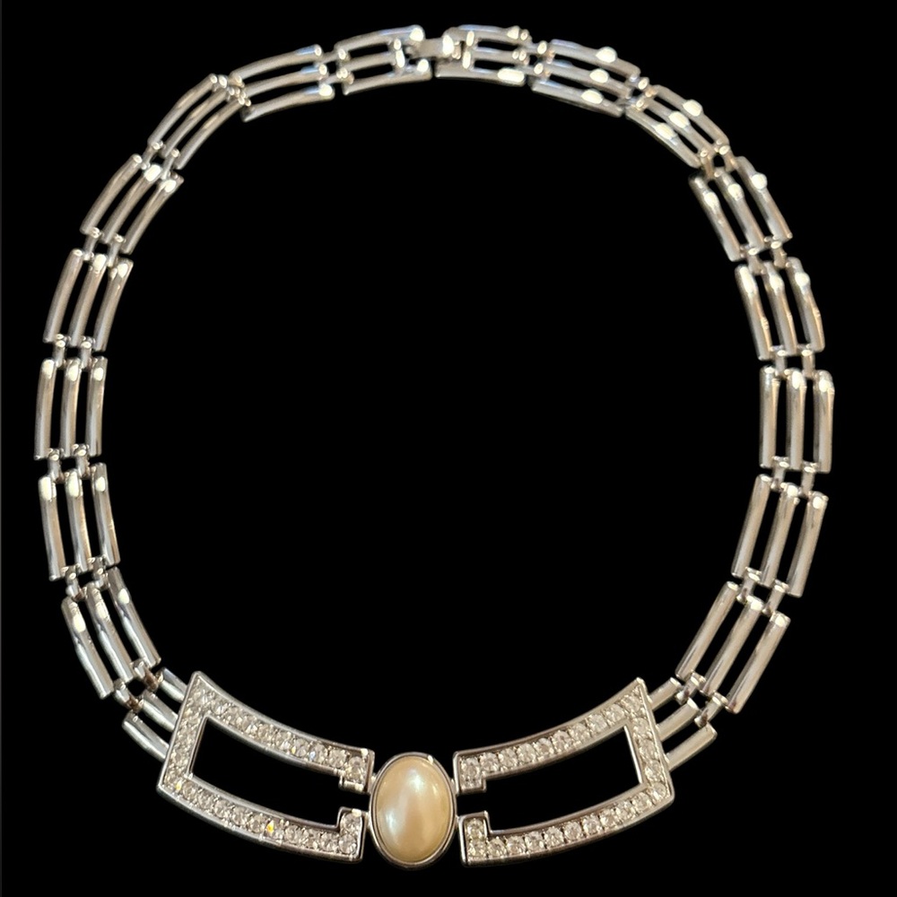 Vintage Monet silver choker pearl crystal necklace